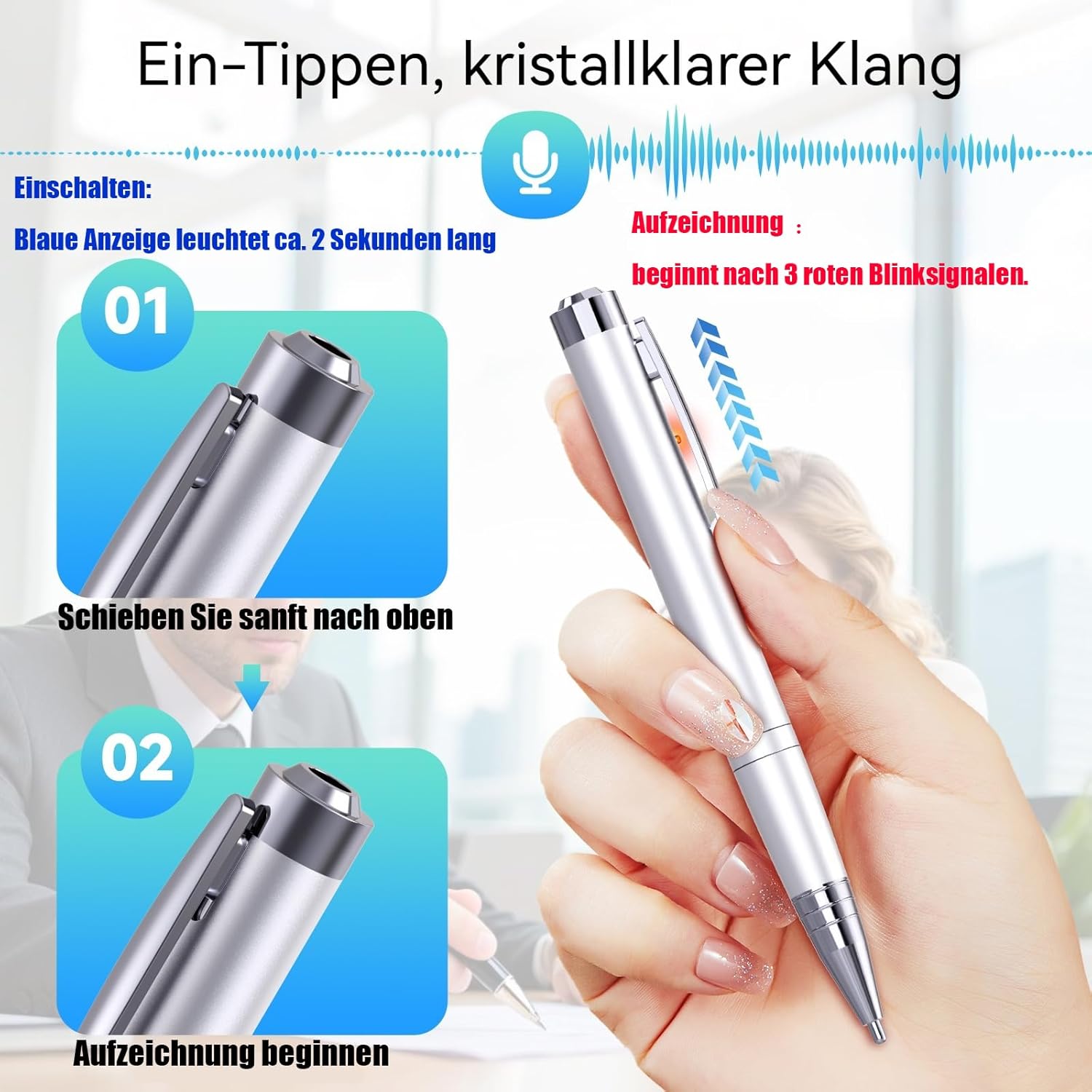 Stylo Enregistreur Vocal 100 Go – Micro Espion 1600 h, Réduction de Bruit AI – Image 3